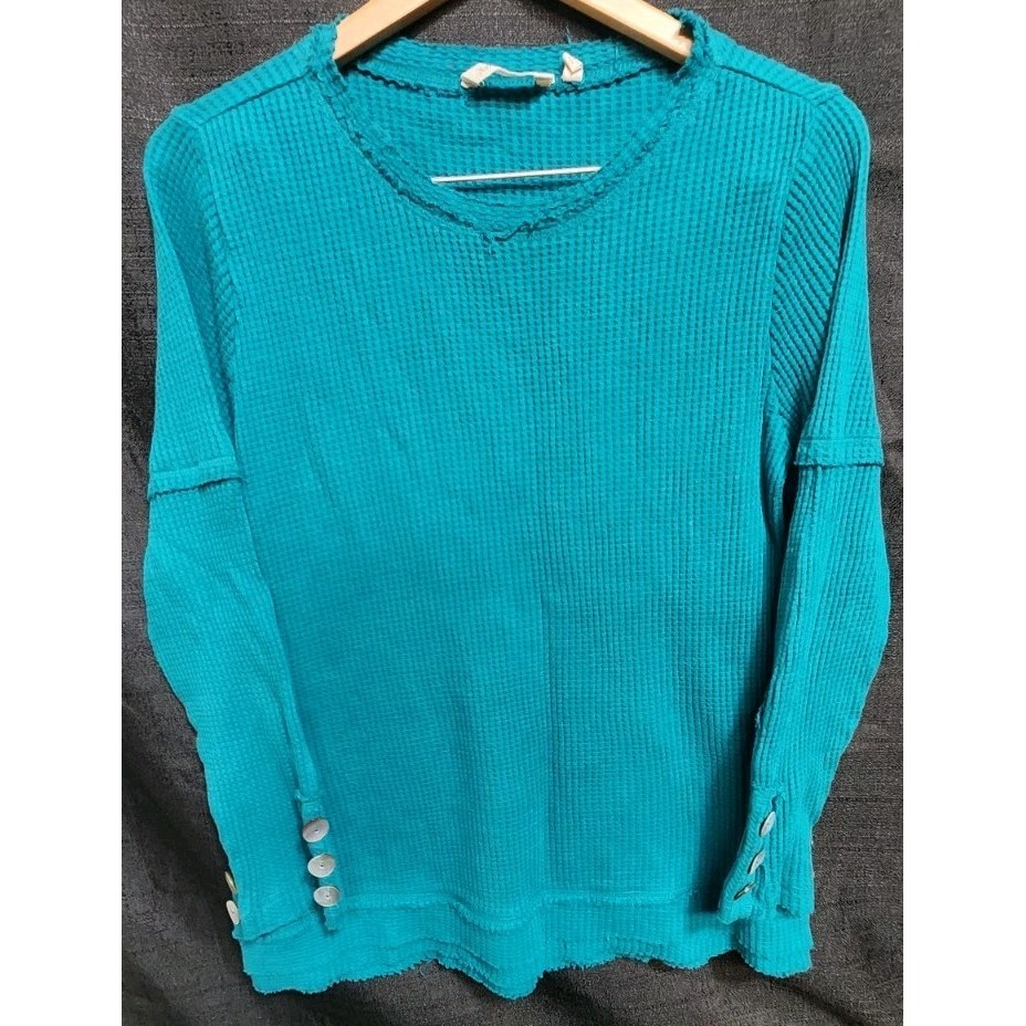 Soft Surroundings Long Sleeve Waffle Knit Tunic Teal Sz M Buttons Raw Hem